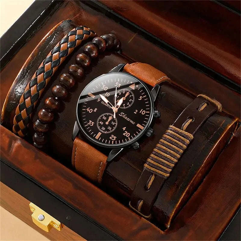 Men Watch Bracelet Set with Brown Leather Strap-black