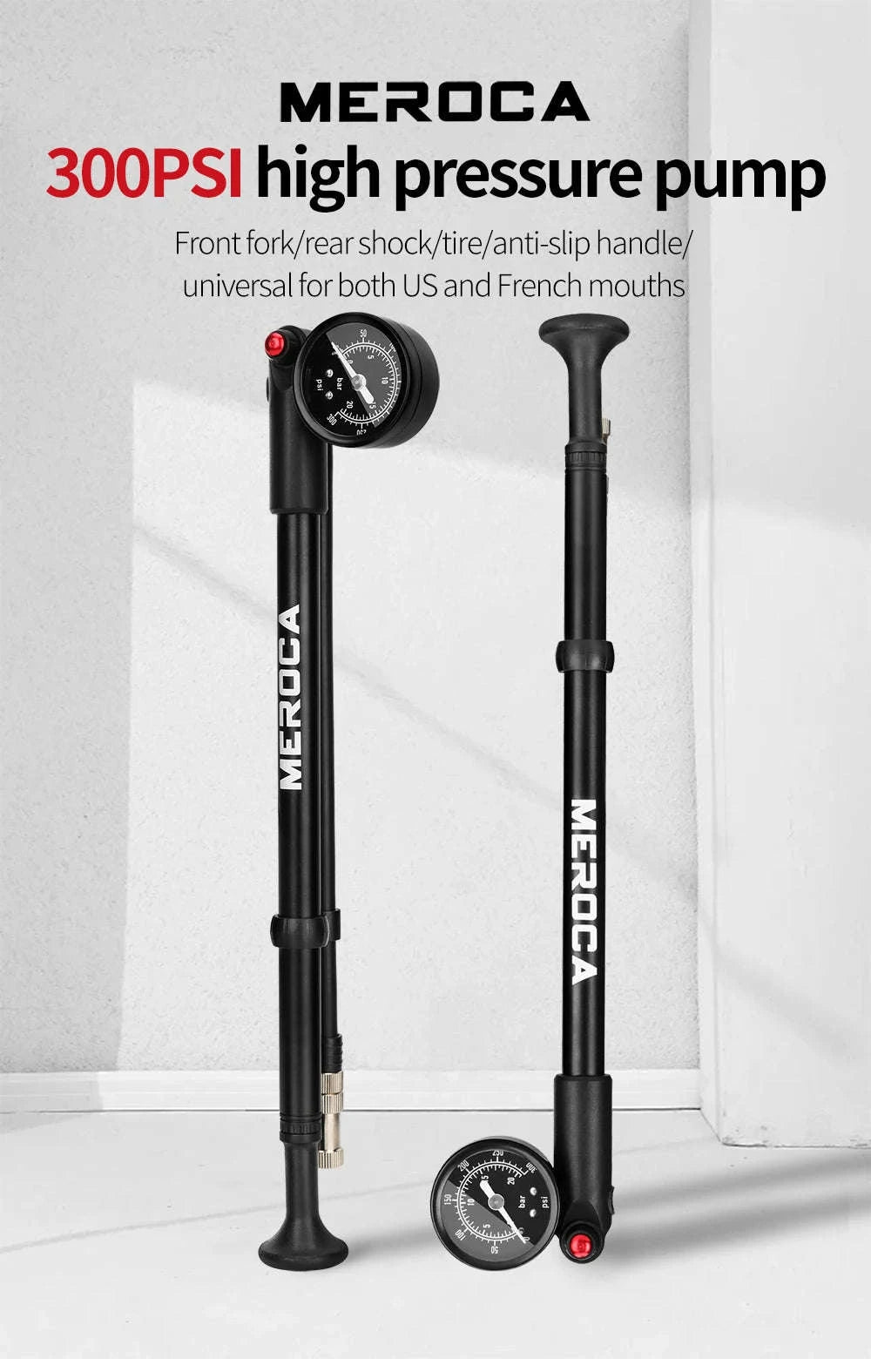 MEROCA MTB Pump 300psi High‑Pressure Bicycle Shock Pump-300PSI Pump 1Pcs