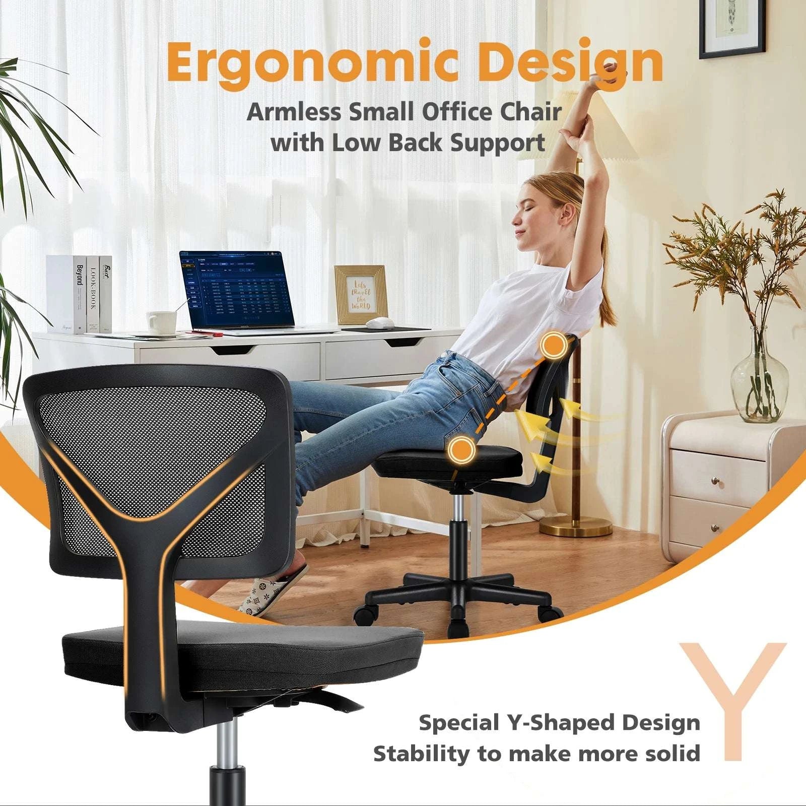 Mesh Armless Office Chair with Lumbar Support & Adjustable Height-black / United States