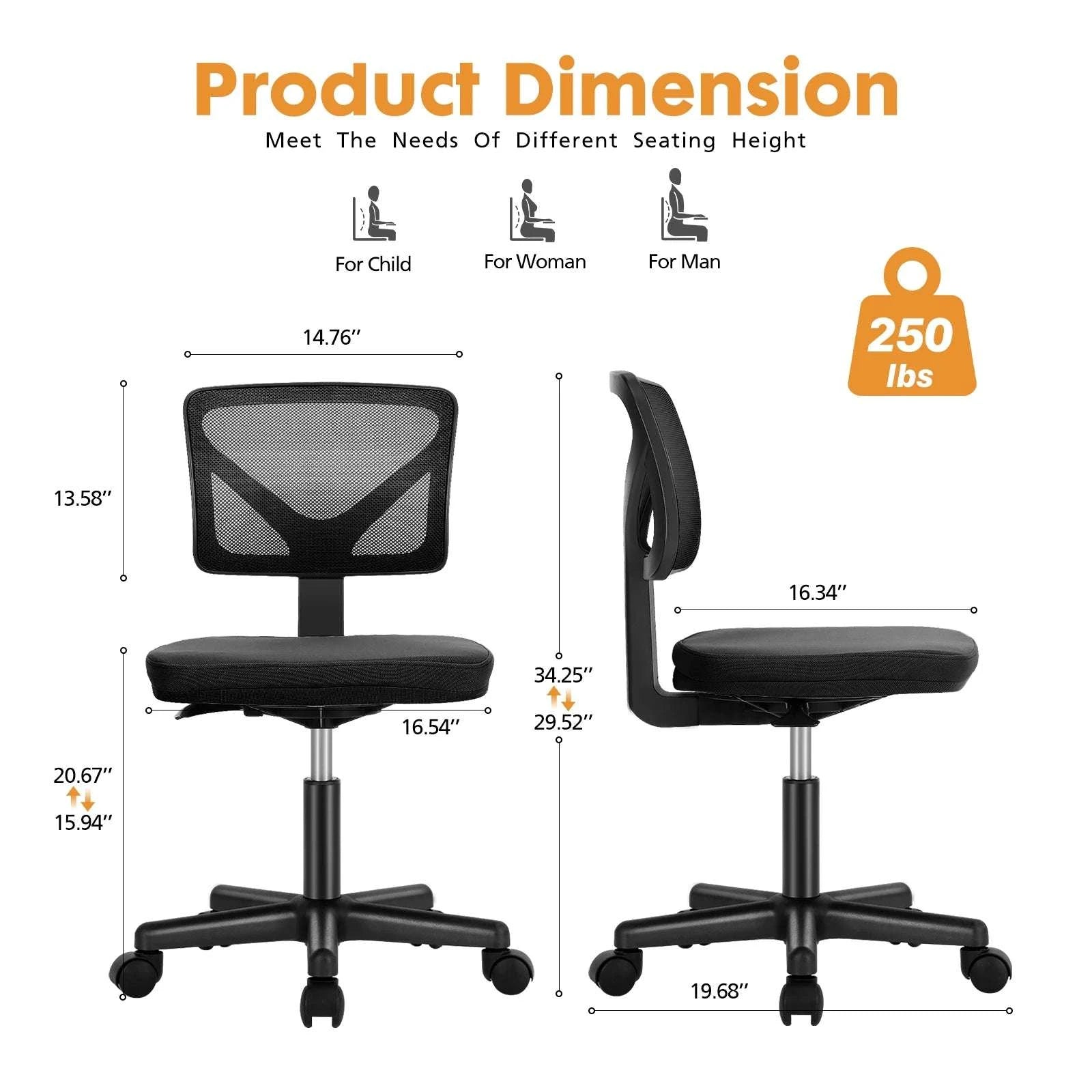 Mesh Armless Office Chair with Lumbar Support & Adjustable Height-black / United States