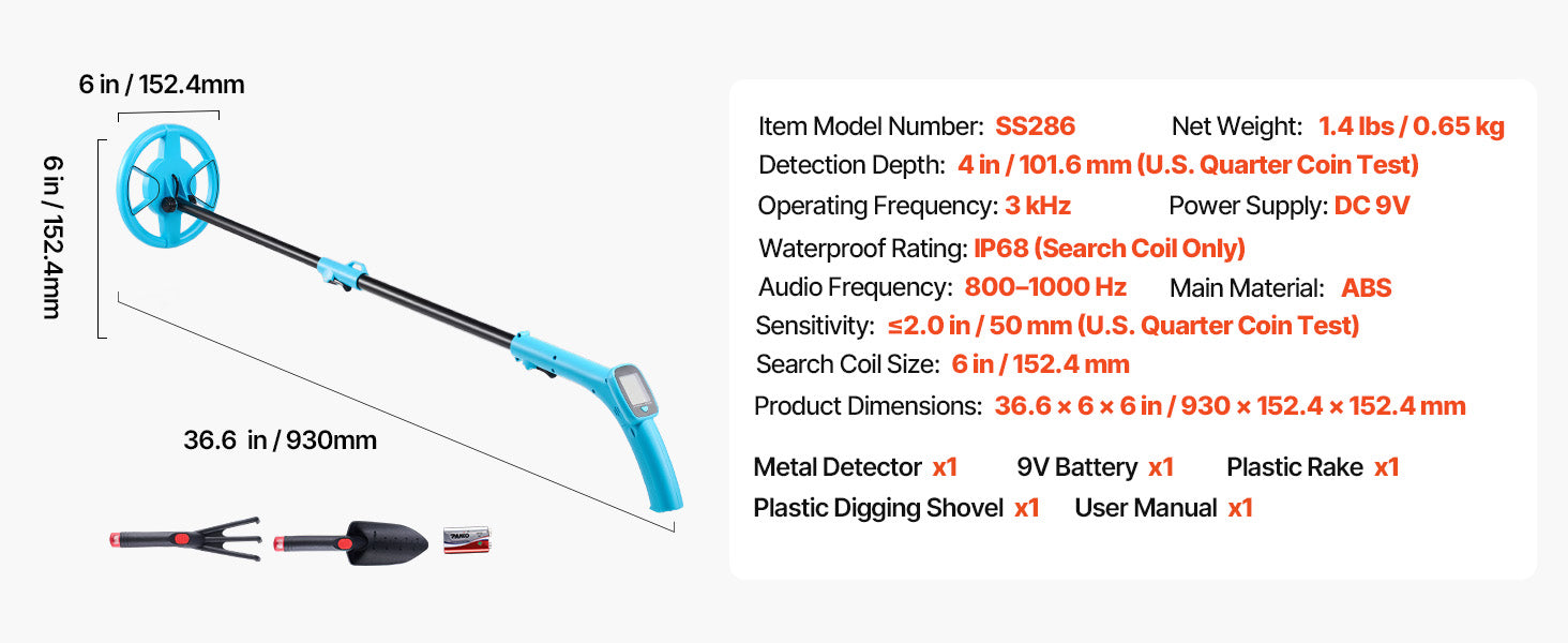 SucceBuy Metal Detector 4" Lightweight LCD 6" IP68 Waterproof Search Coil Adjustable 25.6-36.6" Accuracy For Gold Exploration