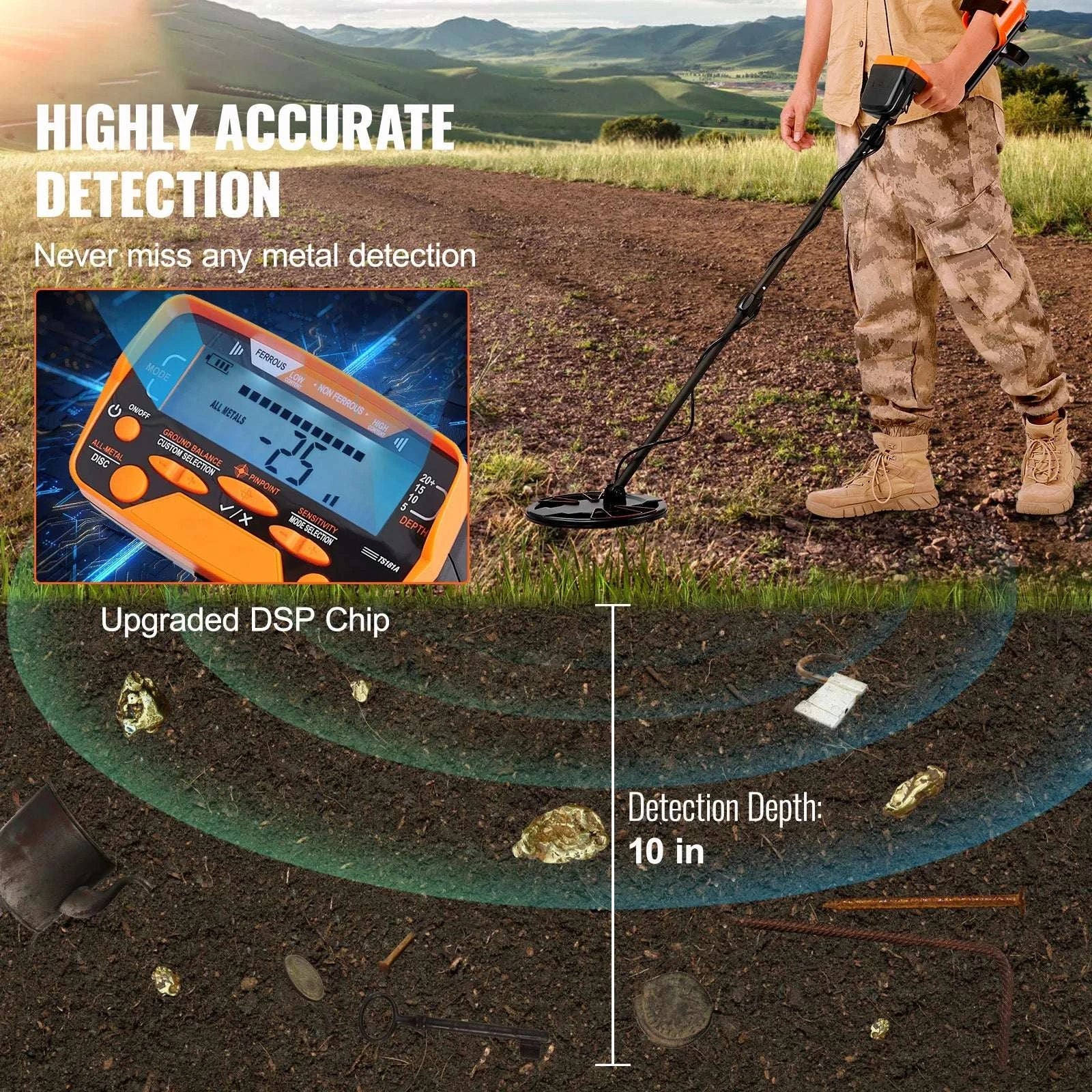 Metal Detector with 10" Waterproof Coil, LCD & 7 Detection Modes-10 Inch Search Coil / United States