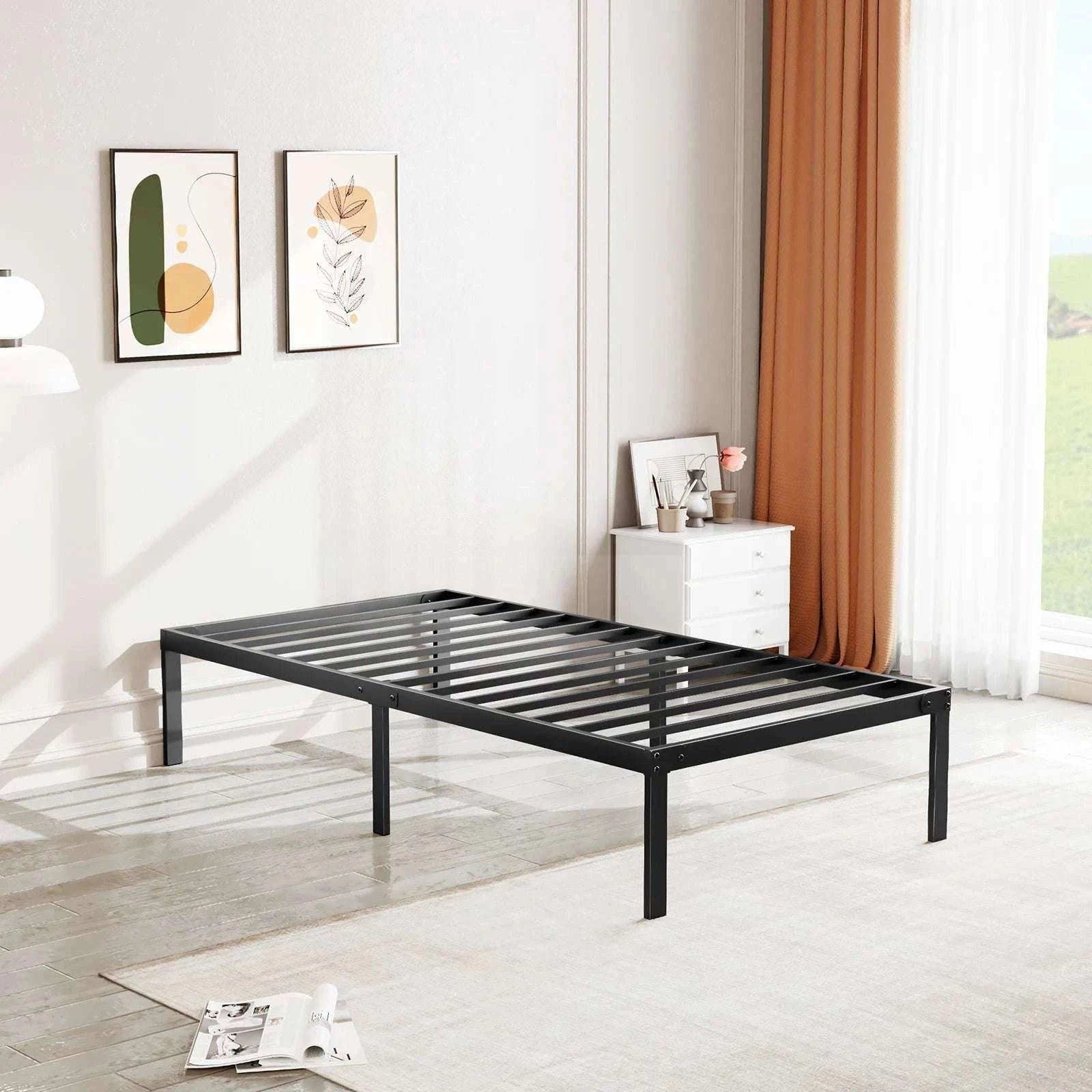 Metal Platform Bed Frame with Steel Slats and 14" Underbed Clearance-black / QUEEN / United States