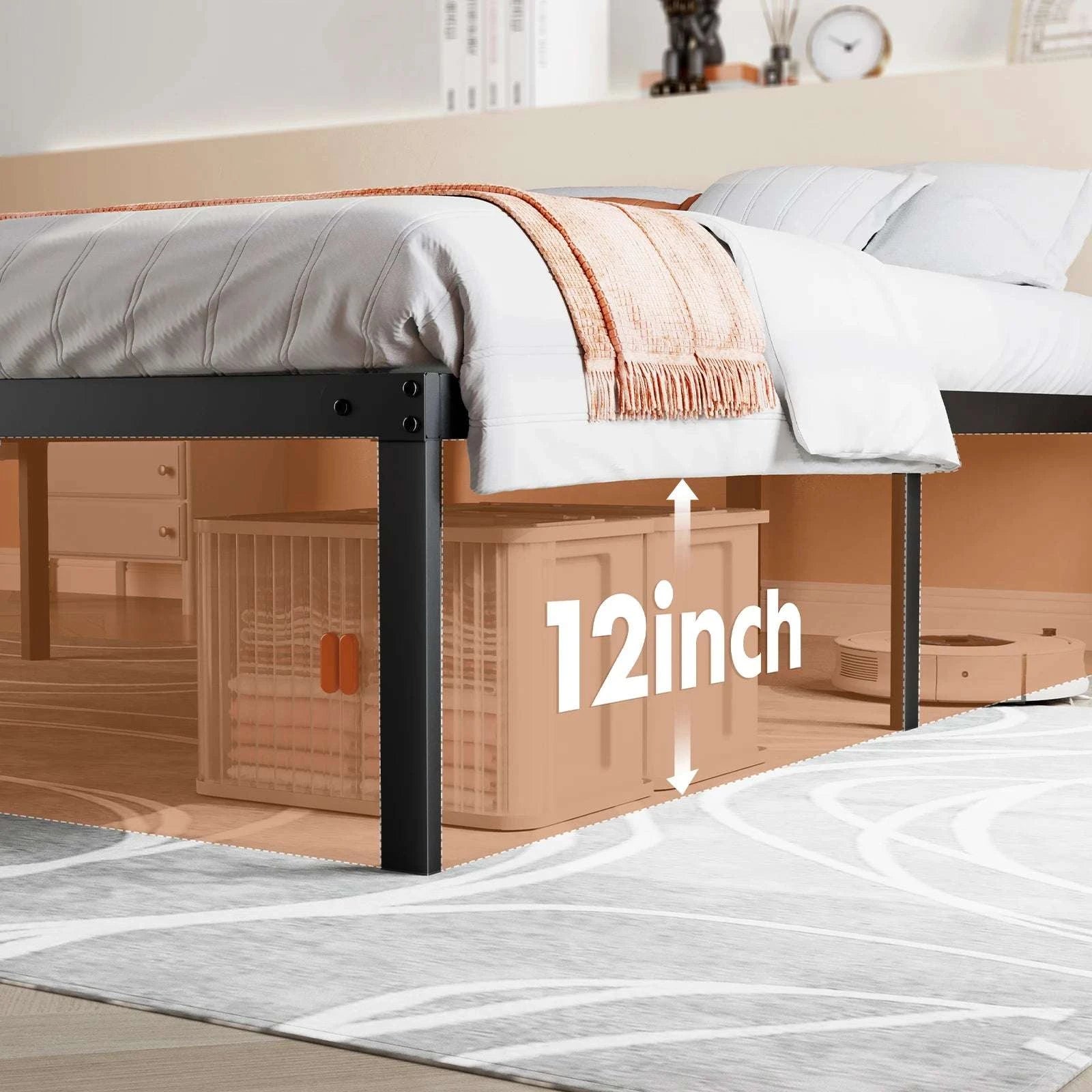 Metal Platform Bed Frame with Steel Slats and 14" Underbed Clearance-black / QUEEN / United States