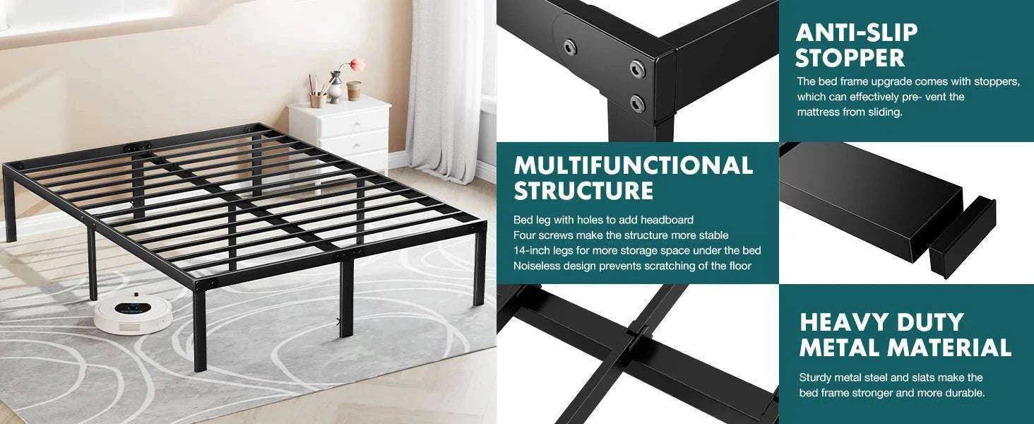 Metal Platform Bed Frame with Steel Slats and 14" Underbed Clearance-black / QUEEN / United States