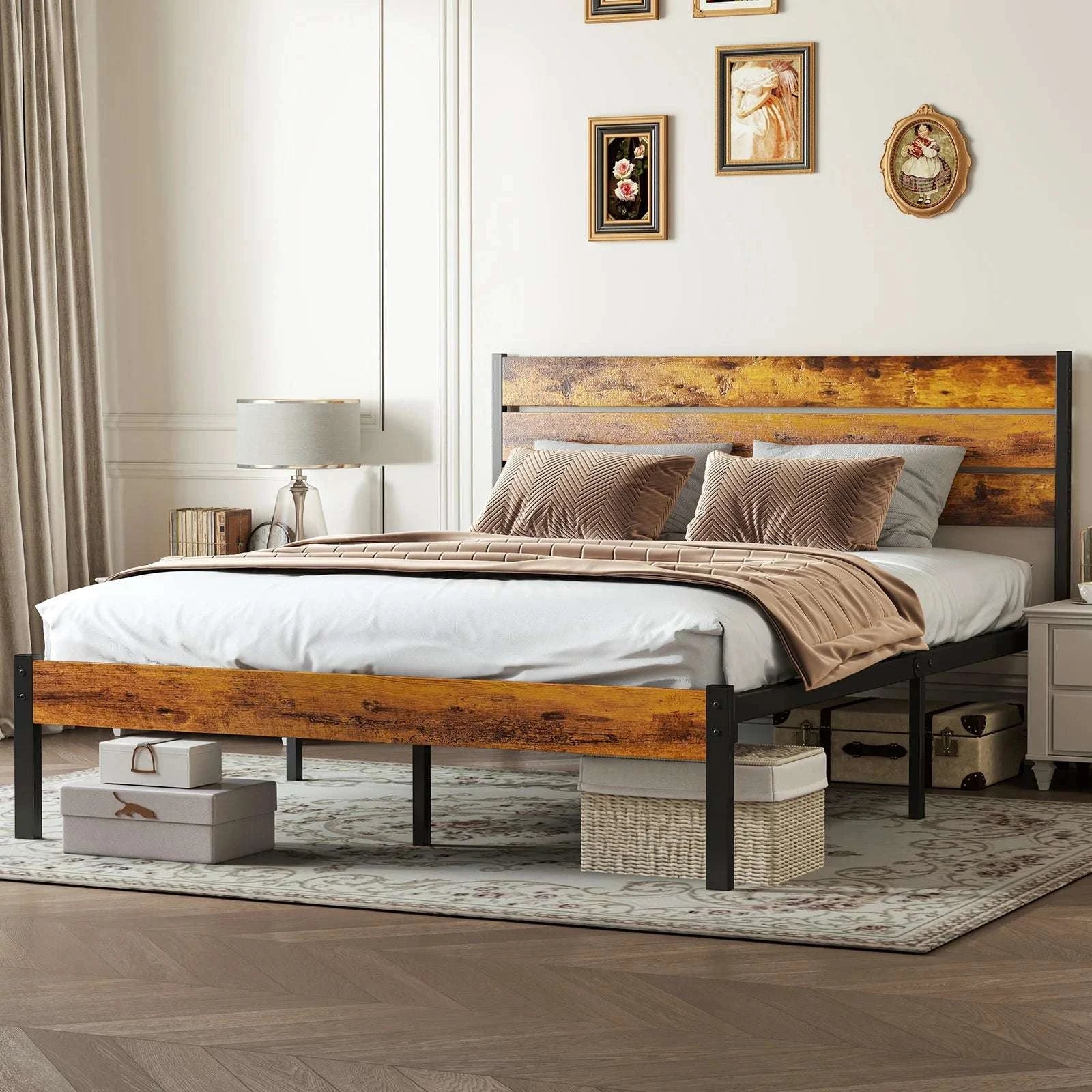 Metal Platform Bed Frame with Wooden Headboard, No Box Spring Needed-TWIN / United States