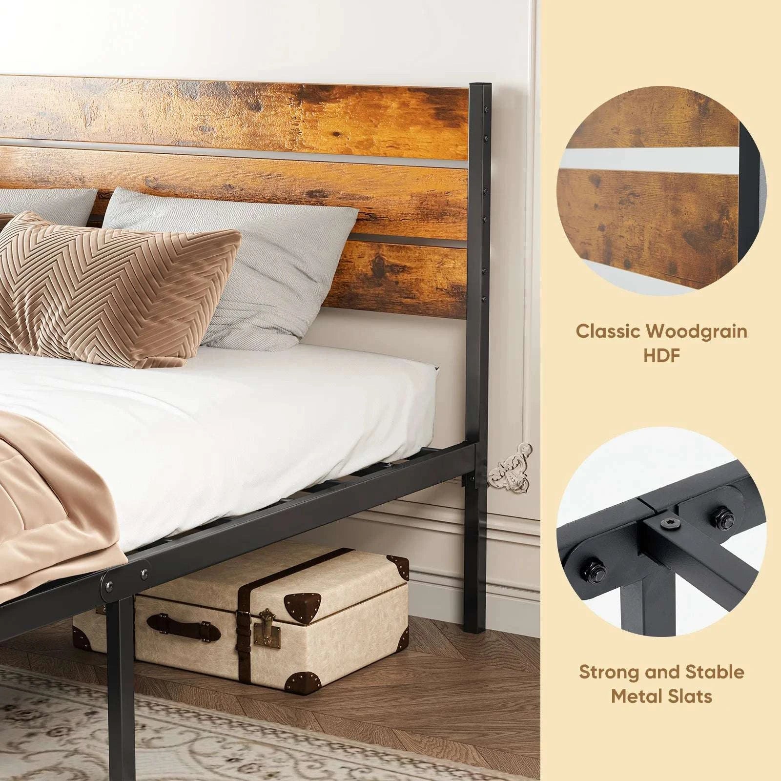 Metal Platform Bed Frame with Wooden Headboard, No Box Spring Needed-TWIN / United States