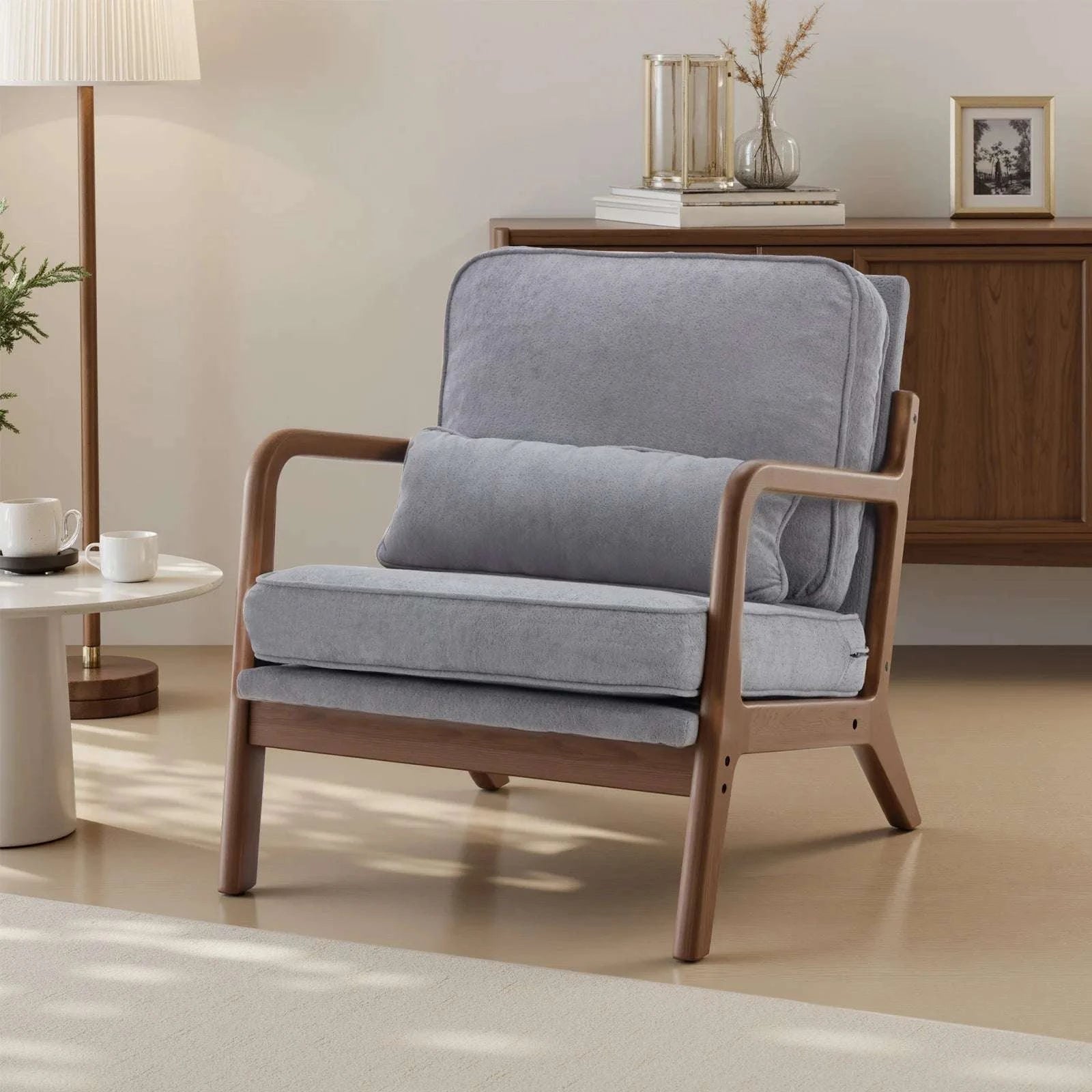 Mid Century Modern Accent Chair with Wood Frame and Cushions-Rice White / United States