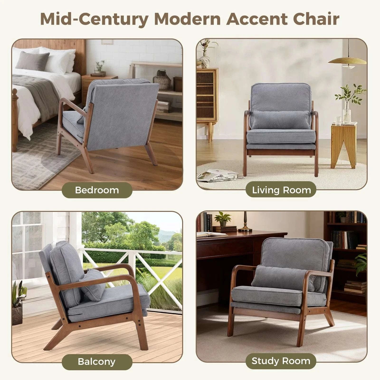 Mid Century Modern Accent Chair with Wood Frame and Cushions-Rice White / United States