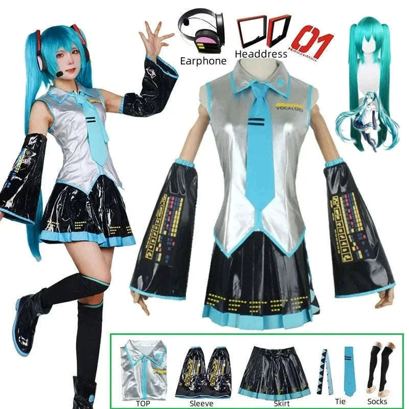 Miku Cosplay Full Set Silver Leather Fabric Costume-Wig Only / M