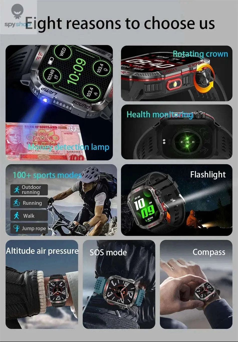 Military GPS Smart Watch with Compass, Flashlight and Bluetooth Calling-Black silicone belt