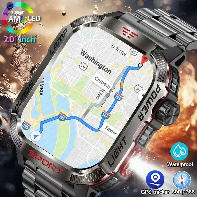 Military GPS Smart Watch with Compass, Flashlight and Bluetooth Calling-Black silicone belt
