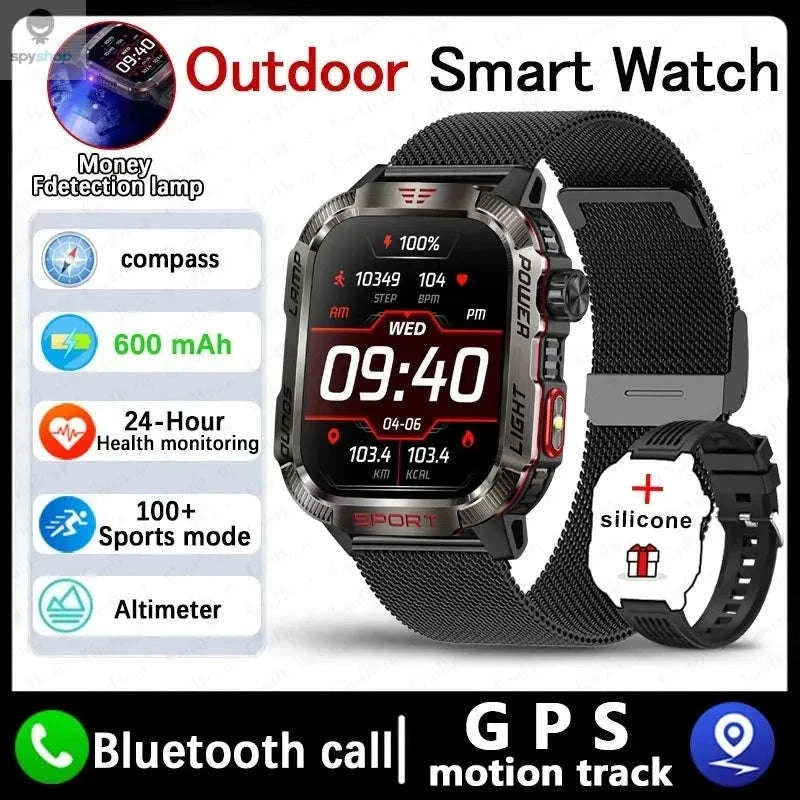 Military GPS Smart Watch with Compass, Flashlight and Bluetooth Calling-Black silicone belt