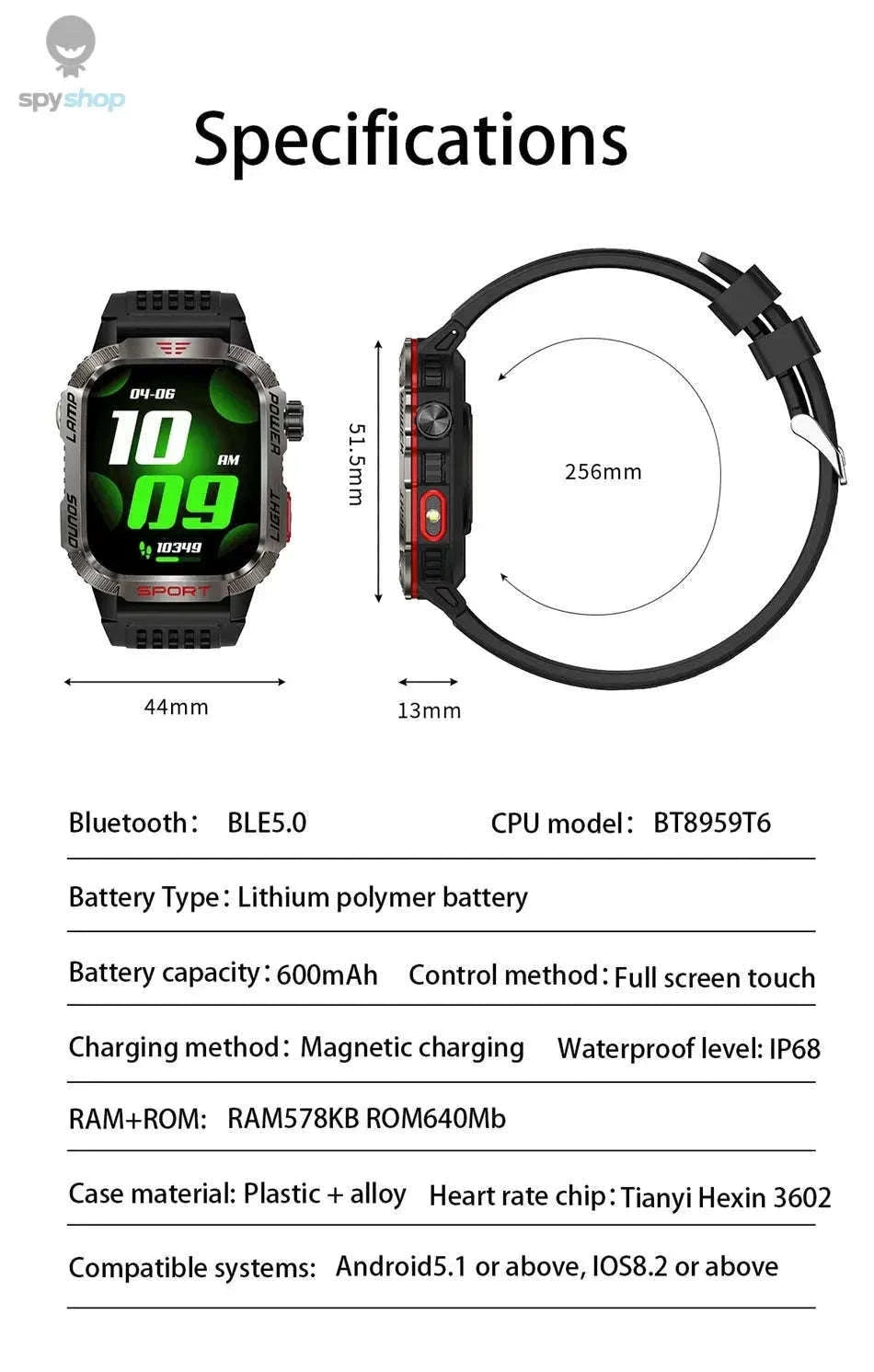 Military GPS Smart Watch with Compass, Flashlight and Bluetooth Calling-Black silicone belt