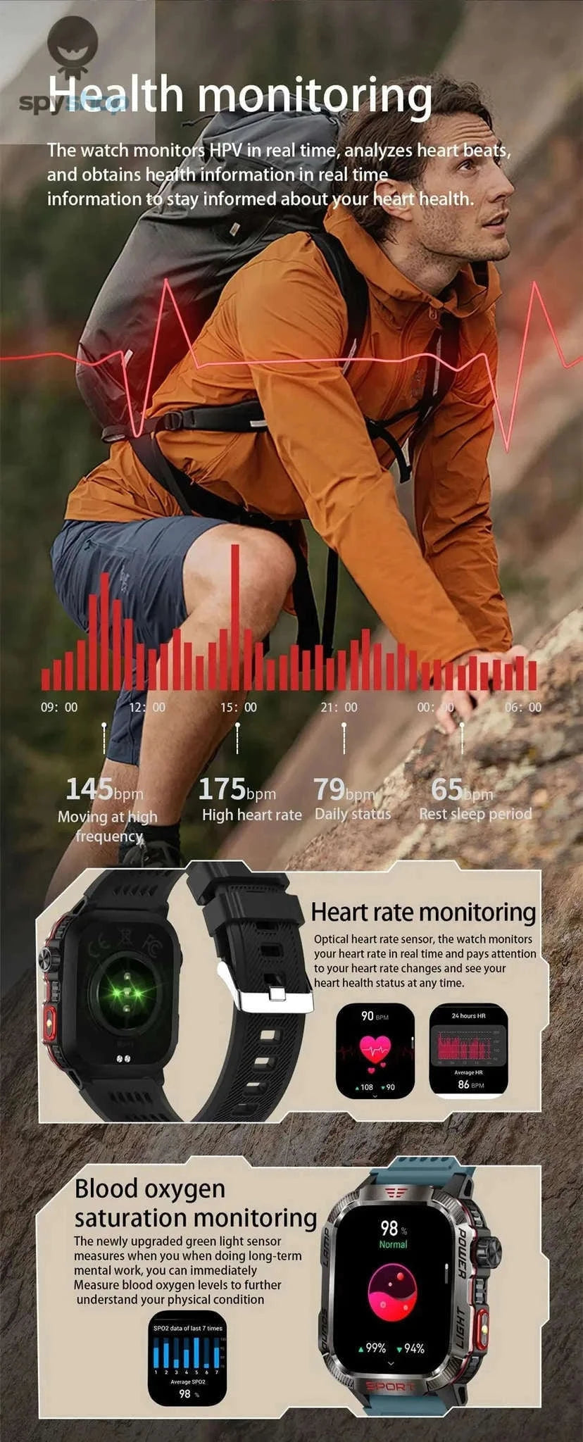 Military GPS Smart Watch with Compass, Flashlight and Bluetooth Calling-Black silicone belt