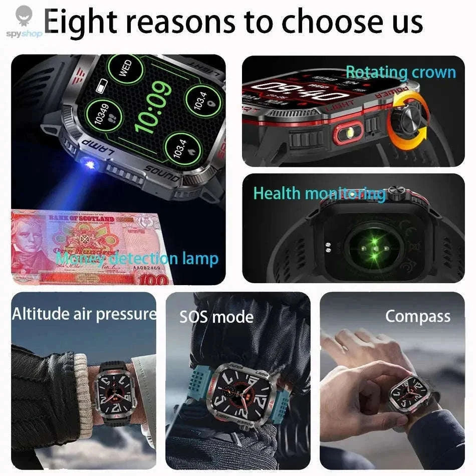 Military GPS Smart Watch with Compass, Flashlight and Bluetooth Calling-Black silicone belt