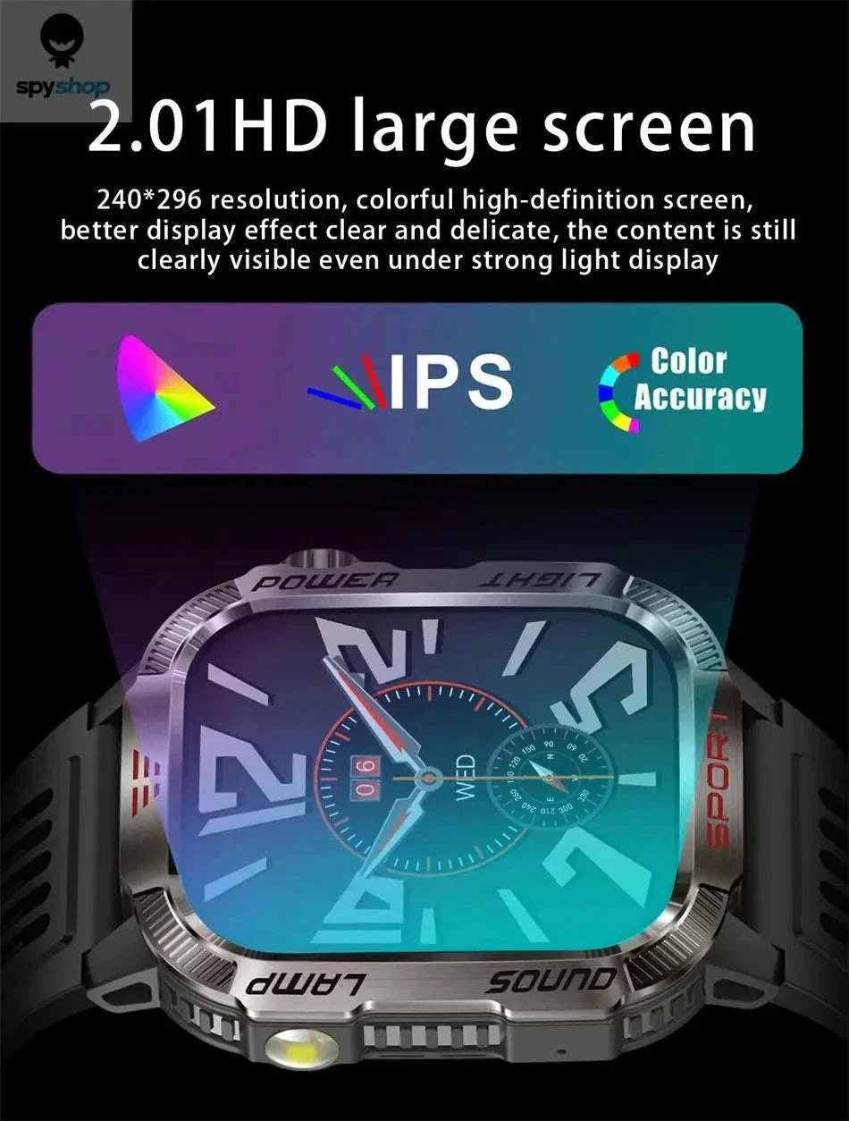 Military GPS Smart Watch with Compass, Flashlight and Bluetooth Calling-Black silicone belt