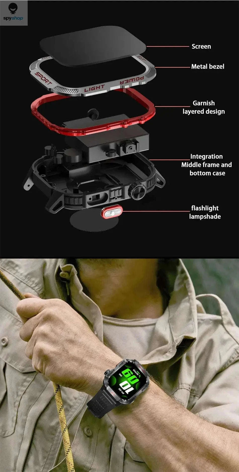 Military GPS Smart Watch with Compass, Flashlight and Bluetooth Calling-Black silicone belt