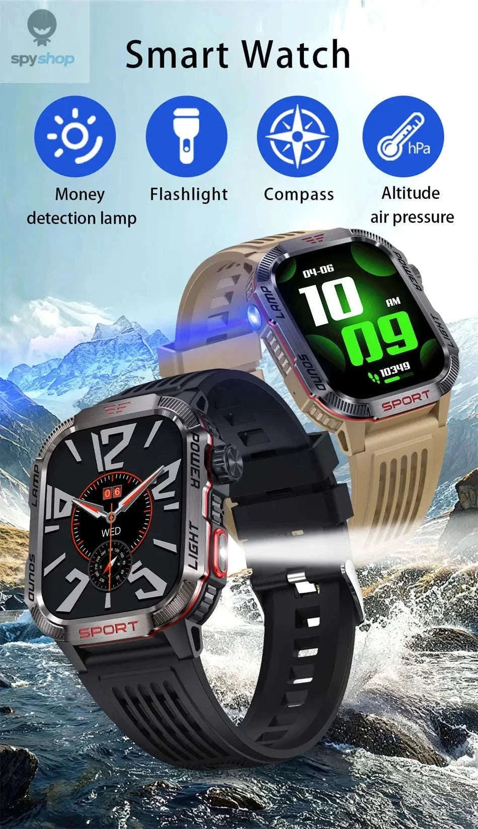 Military GPS Smart Watch with Compass, Flashlight and Bluetooth Calling-Black silicone belt