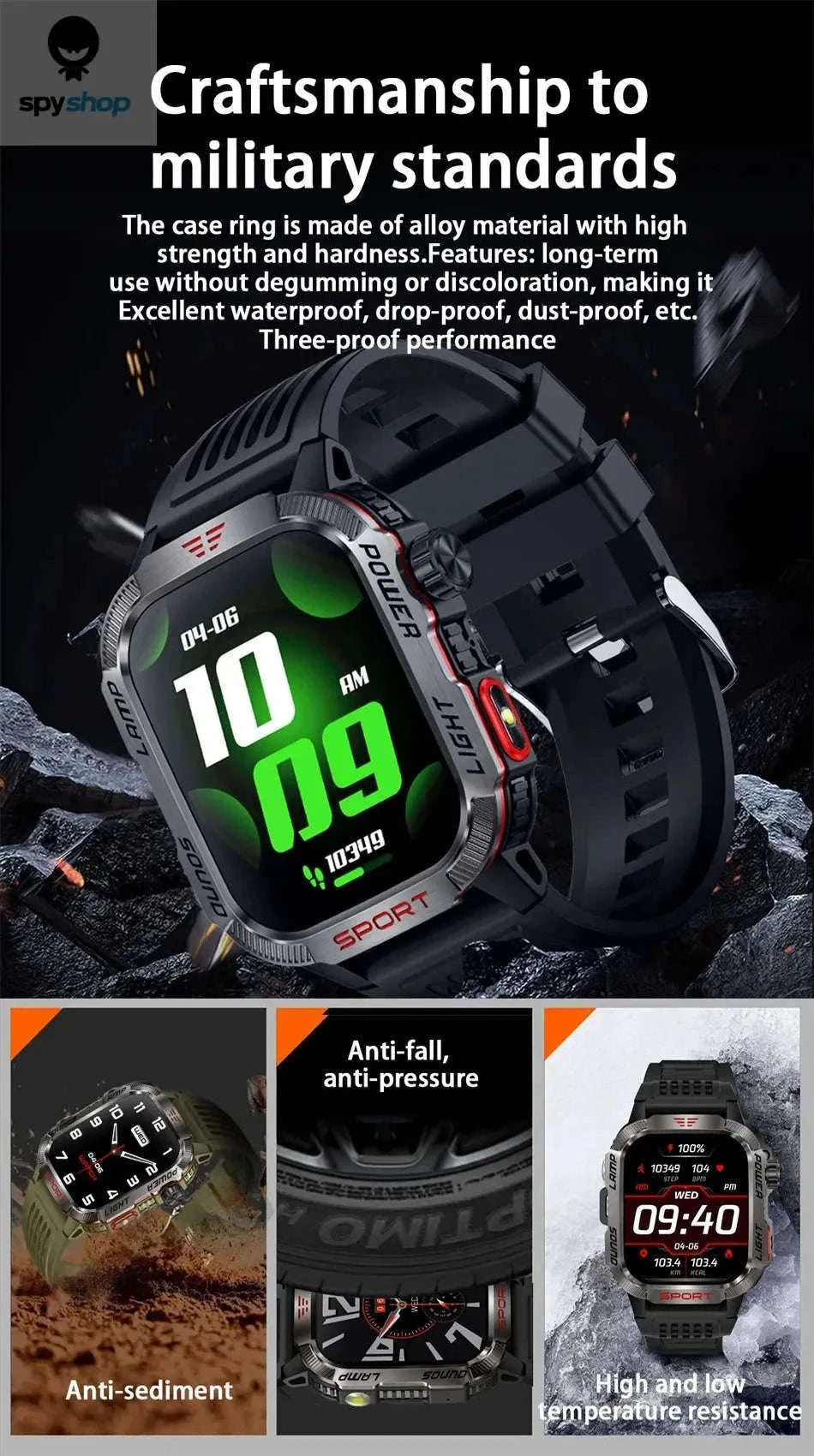 Military GPS Smart Watch with Compass, Flashlight and Bluetooth Calling-Black silicone belt