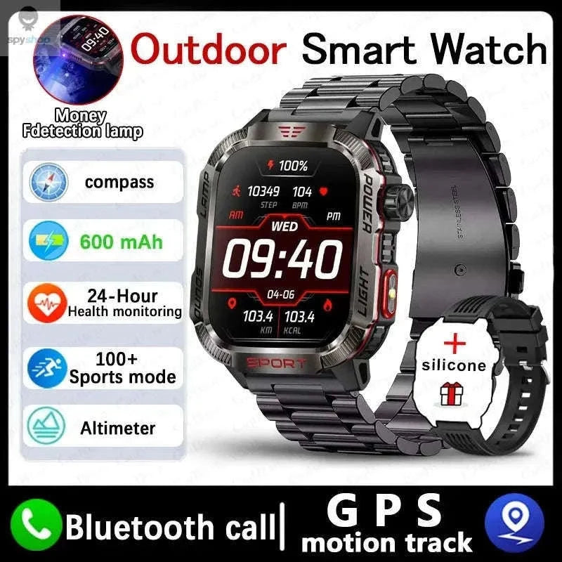 Military GPS Smart Watch with Compass, Flashlight and Bluetooth Calling-Black silicone belt