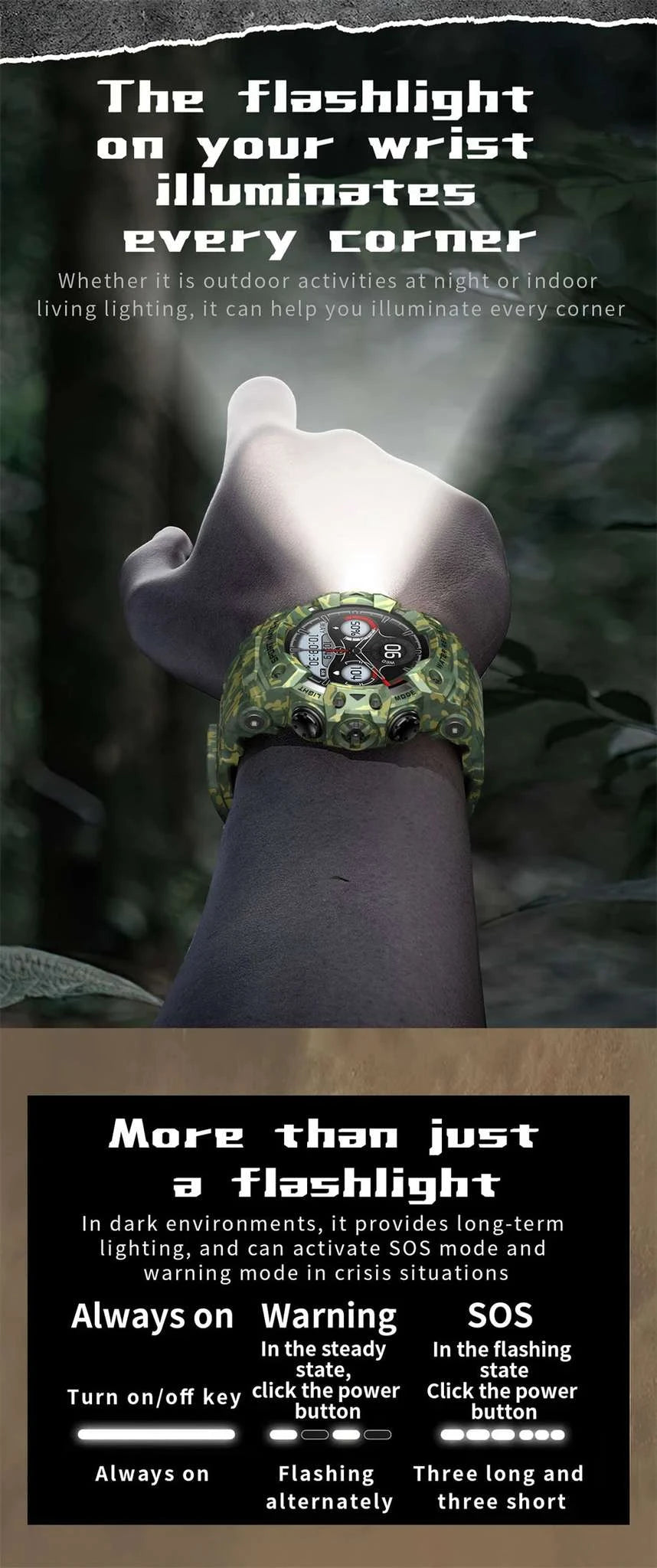 Military Outdoor Smart Watch with Bluetooth Call & 100+ Sports Modes-Green Camouflage