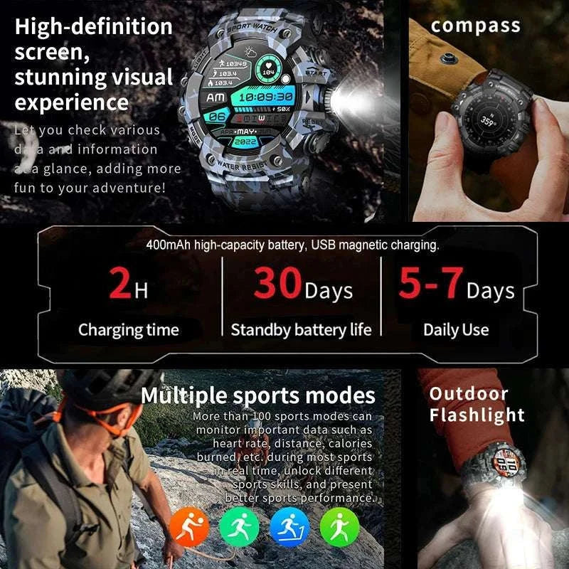 Military Outdoor Smart Watch with Bluetooth Call & 100+ Sports Modes-Green Camouflage