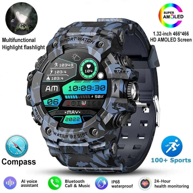Military Outdoor Smart Watch with Bluetooth Call & 100+ Sports Modes-Green Camouflage