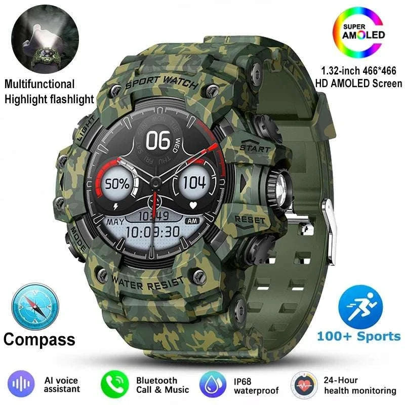 Military Outdoor Smart Watch with Bluetooth Call & 100+ Sports Modes-Green Camouflage