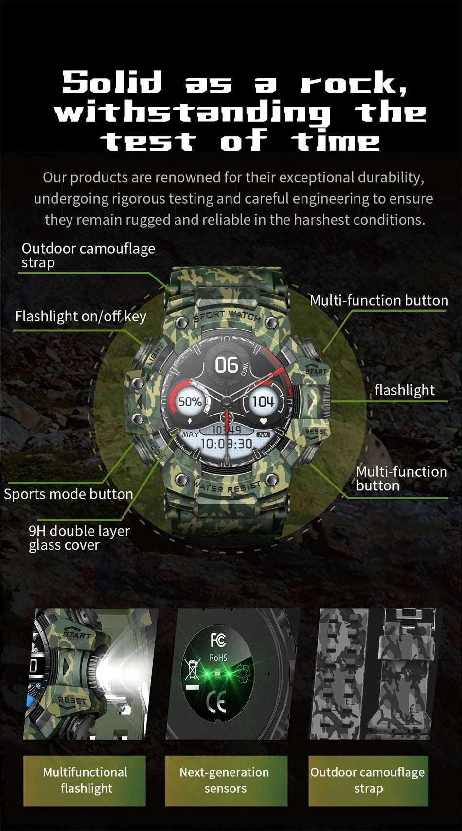 Military Outdoor Smart Watch with Bluetooth Call & 100+ Sports Modes-Green Camouflage
