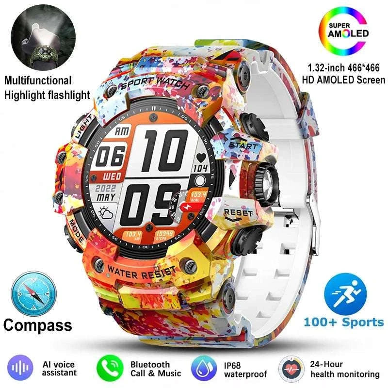 Military Outdoor Smart Watch with Bluetooth Call & 100+ Sports Modes-Green Camouflage