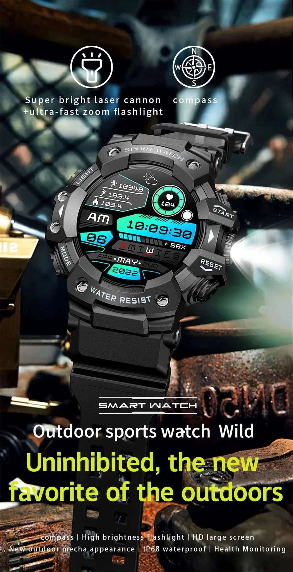 Military Outdoor Smart Watch with Bluetooth Call & 100+ Sports Modes-Green Camouflage