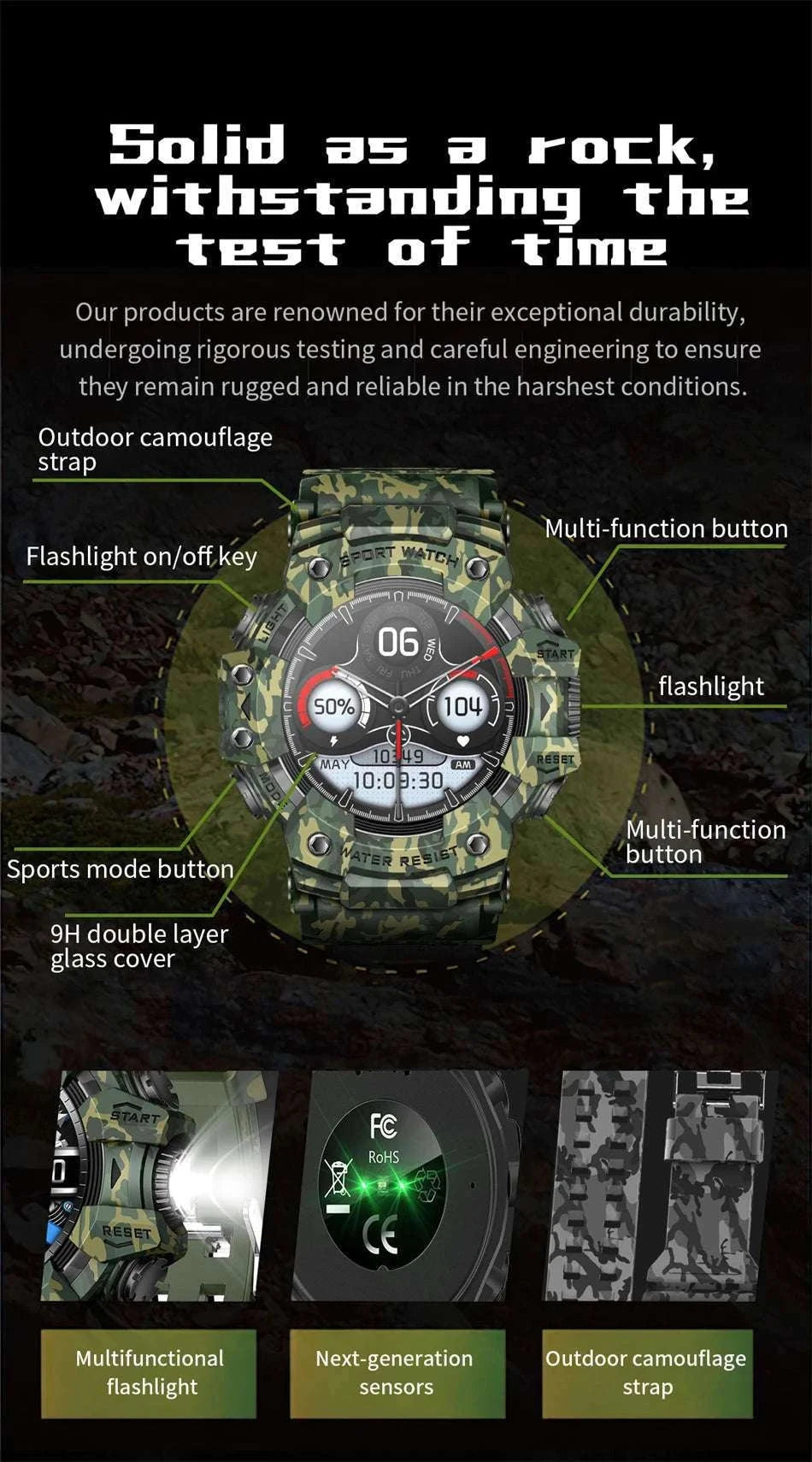 Military Outdoor Smart Watch with Bluetooth Call & 100+ Sports Modes-Green Camouflage