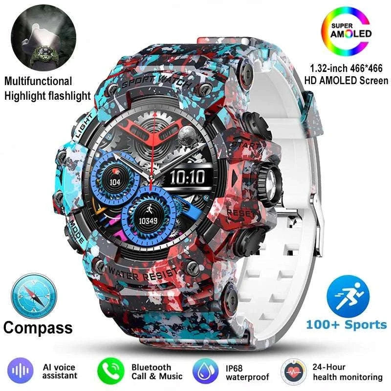 Military Outdoor Smart Watch with Bluetooth Call & 100+ Sports Modes-Green Camouflage