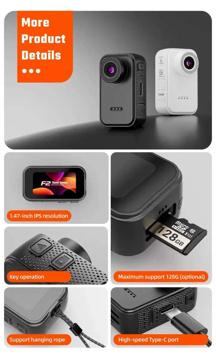 Mini 1080P Thumb Camera with IPS Screen & 130° Wide Angle-F2 Black / 8GB TF CARD