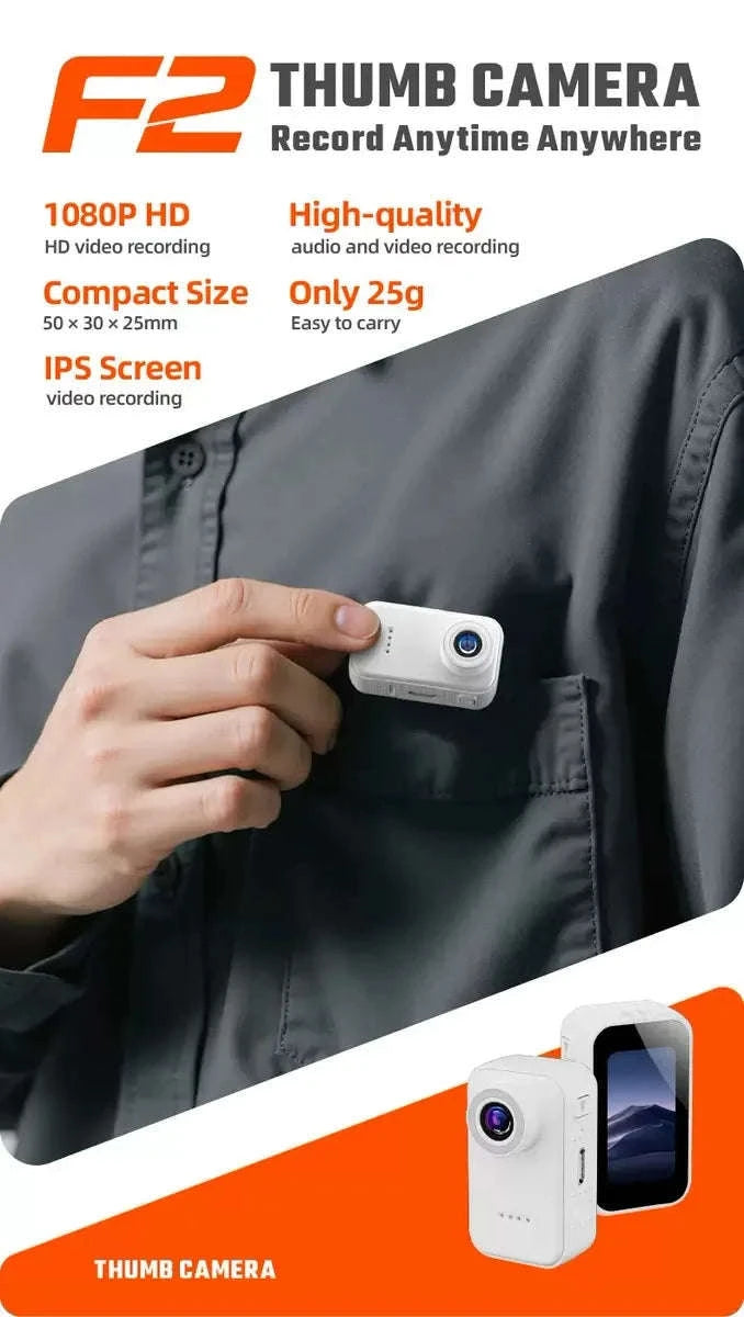 Mini 1080P Thumb Camera with IPS Screen & 130° Wide Angle-F2 Black / 8GB TF CARD