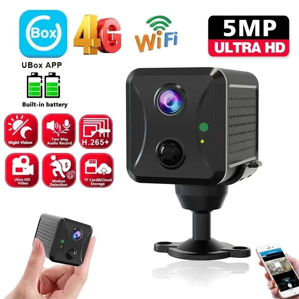 Mini 4G Security Camera with AI Detection, 5MP HD & Night Vision-WIFI Add 16GB Card-