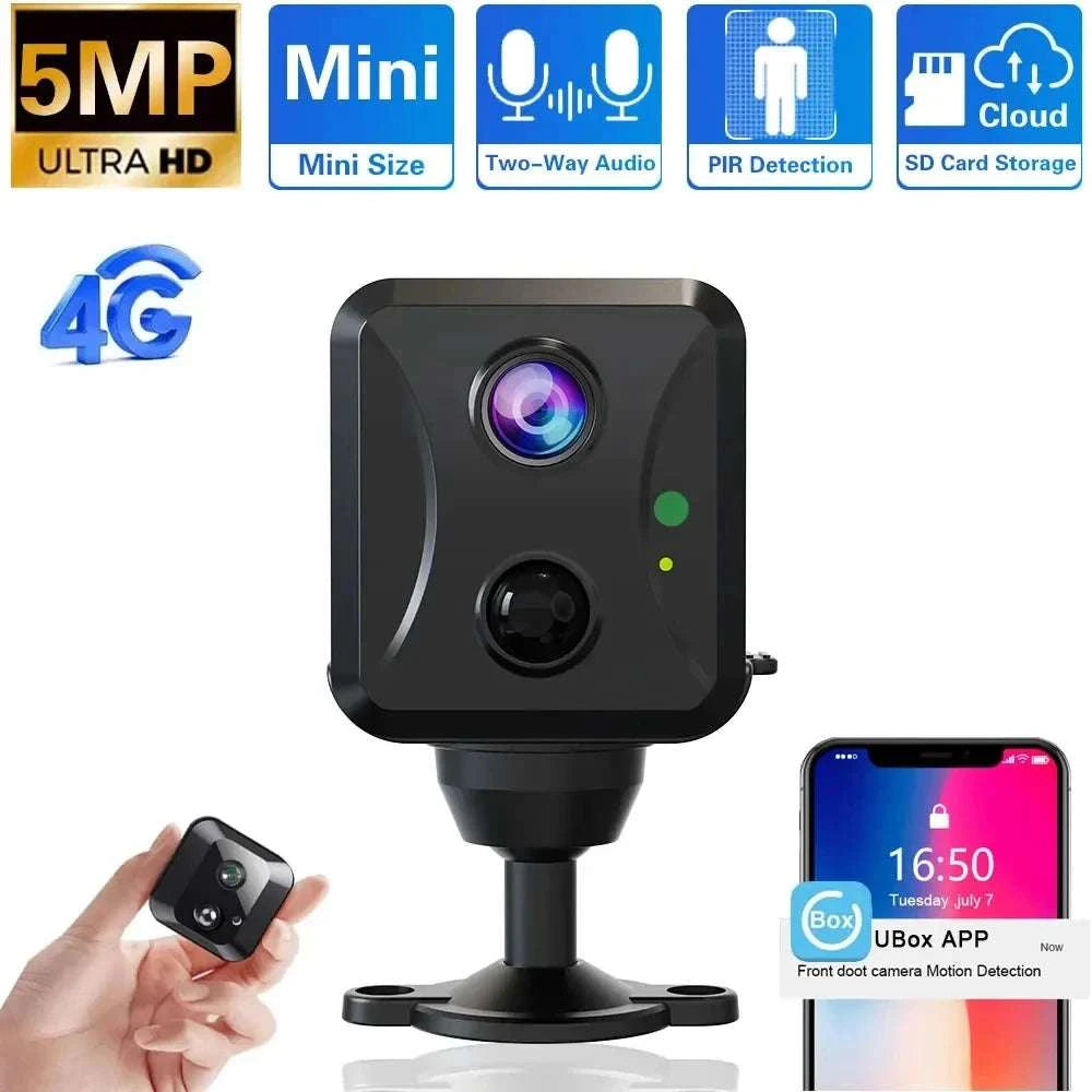 Mini 4G Security Camera with AI Detection, 5MP HD & Night Vision-WIFI Add 16GB Card-
