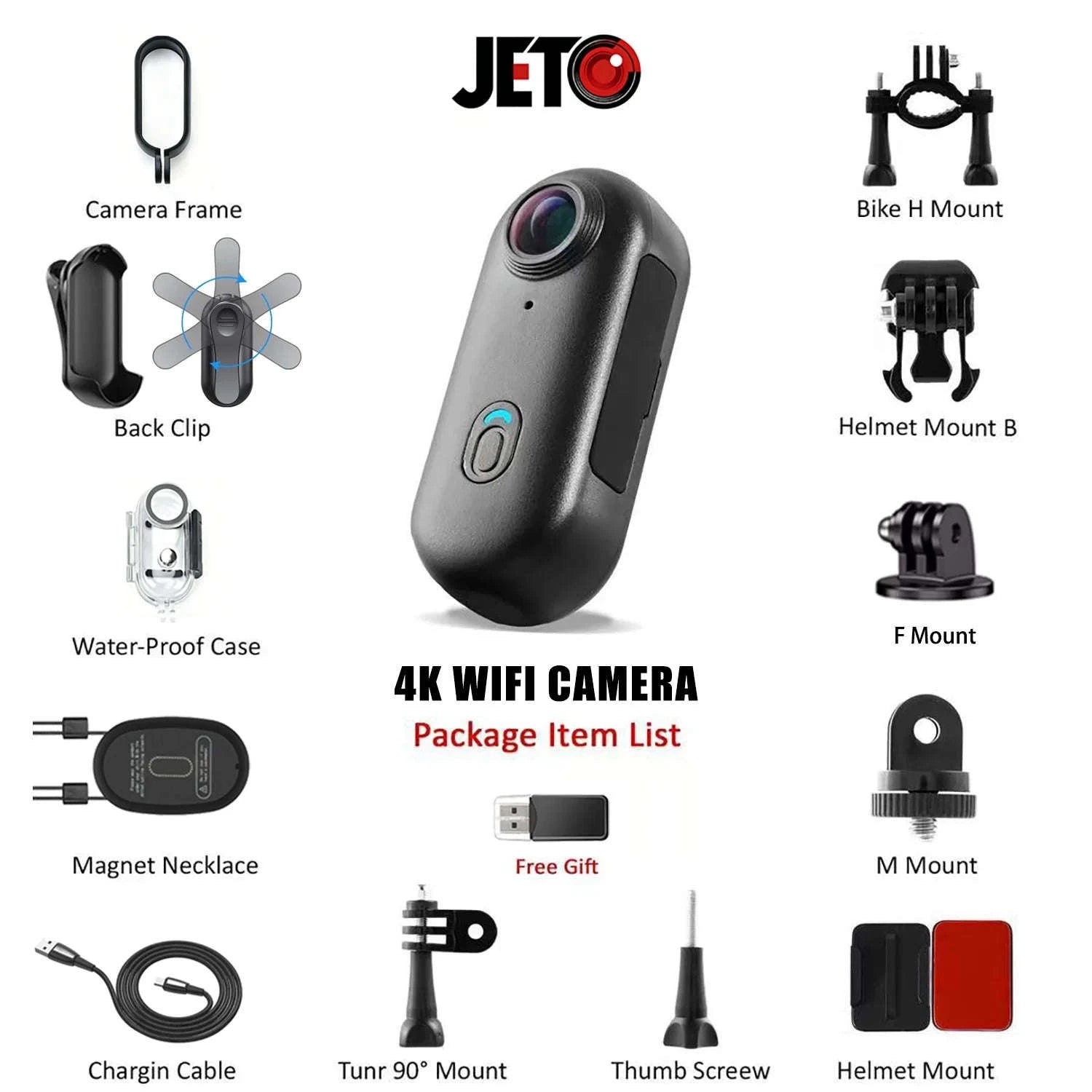 Mini 4K Action Camera with WiFi, Magnetic Mount & 30M Waterproof-FHD 1080P (White) / NO TF Card