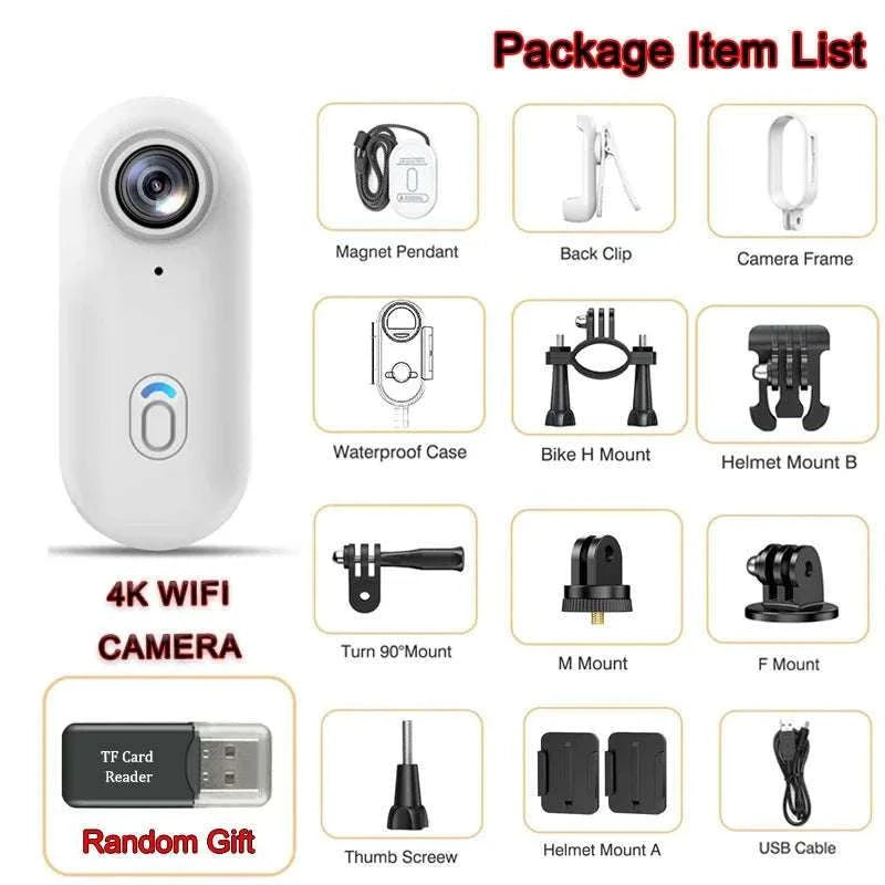 Mini 4K Action Camera with WiFi, Magnetic Mount & 30M Waterproof-FHD 1080P (White) / NO TF Card
