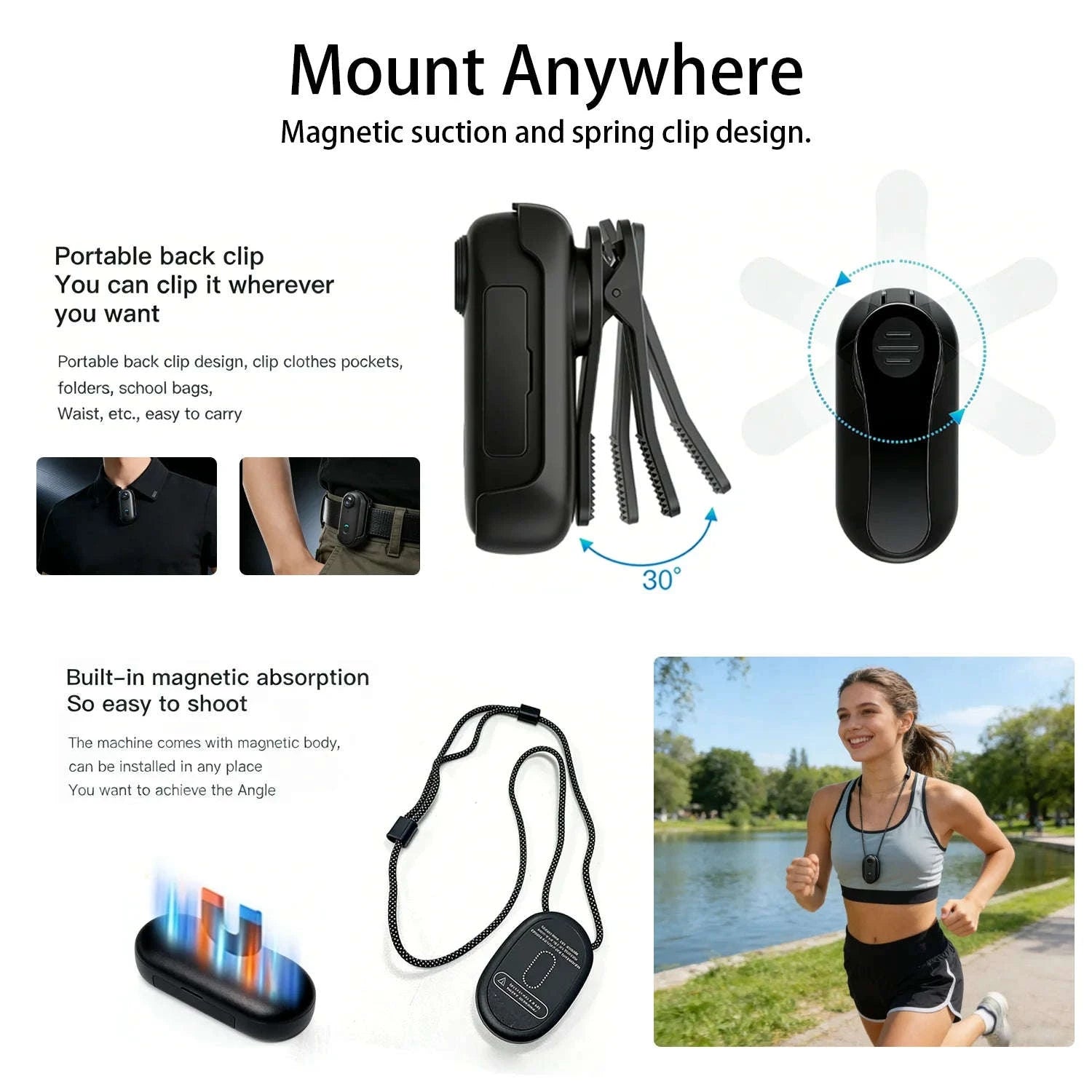 Mini 4K Action Camera with WiFi, Magnetic Mount & 30M Waterproof-FHD 1080P (White) / NO TF Card