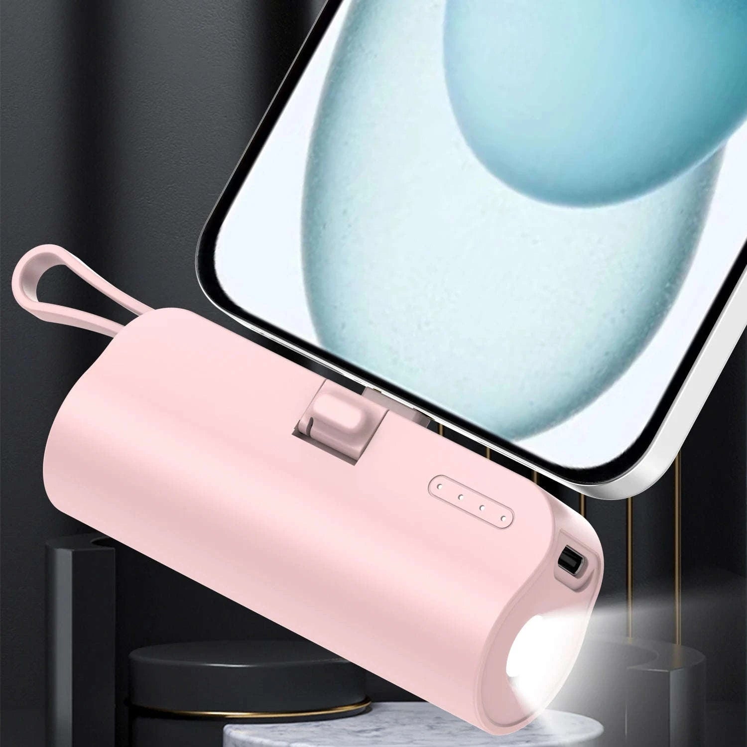 Mini 5000mAh Power Bank with Built-In Cable, LED Light & Stand-pink / 5000mAh / United States