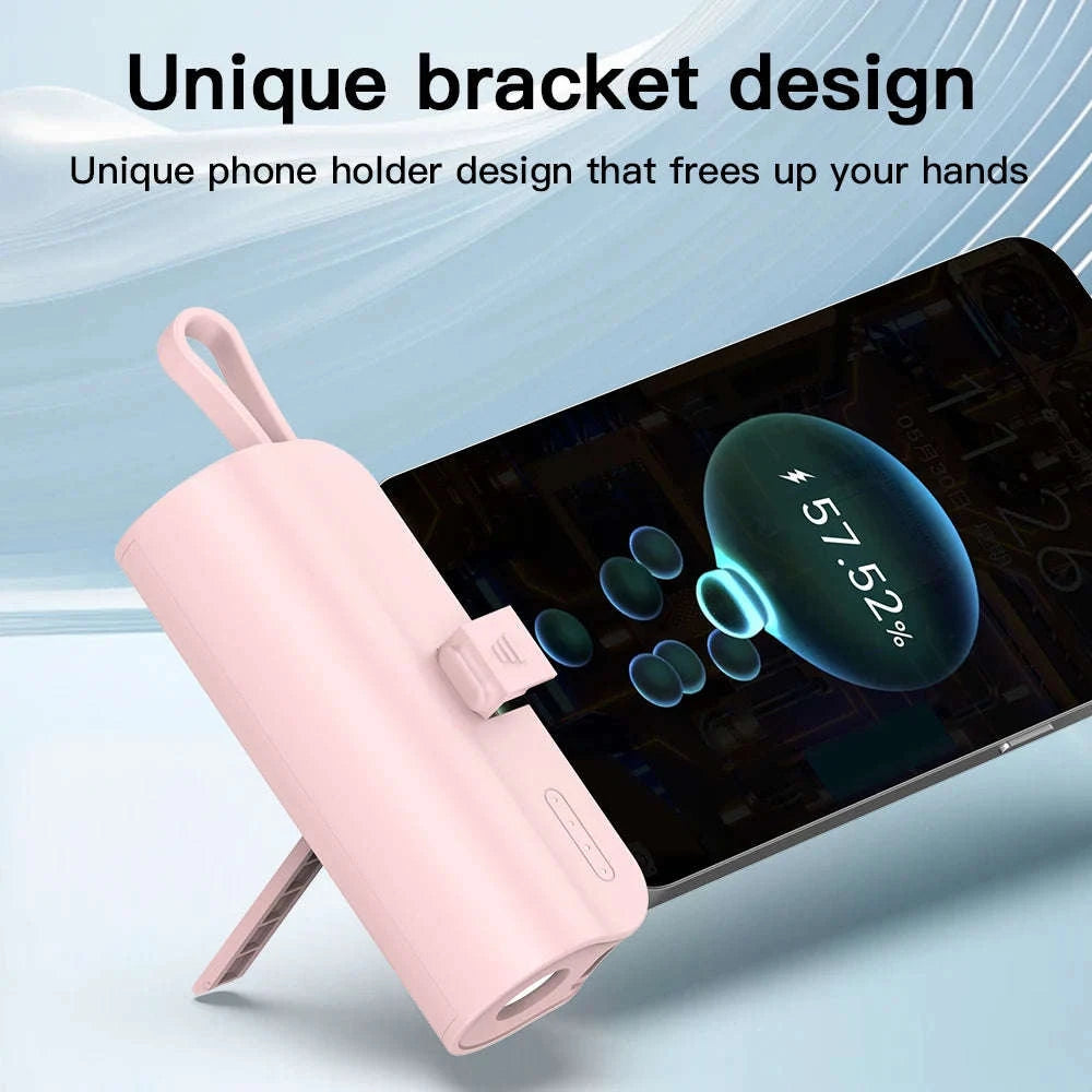 Mini 5000mAh Power Bank with Built-In Cable, LED Light & Stand-pink / 5000mAh / United States