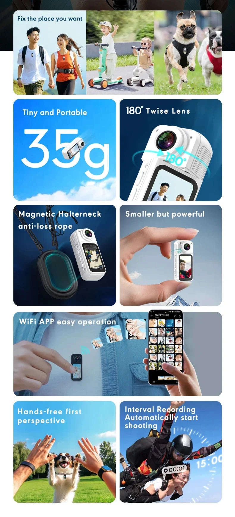 Mini Action Camera 180° Rotating Lens WiFi Body Cam 1080P-white NO TF
