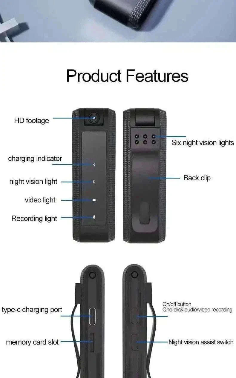 Mini Body Camera 1080P HD with Night Vision & 180° Rotating Lens-Black