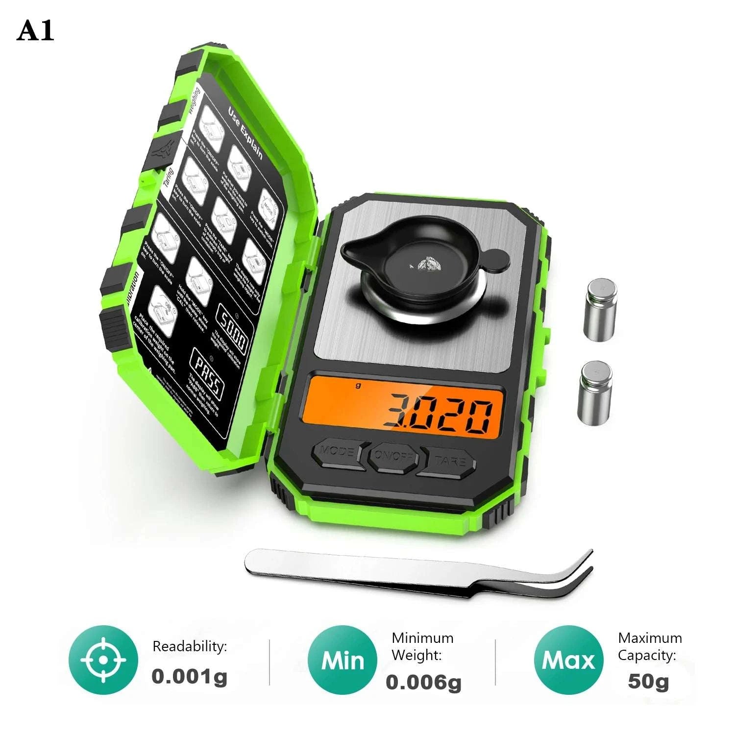 Mini Digital Precision Scale 0.001g Accuracy Pocket Weighing Tool-A1-0.001g 50g-Green / China Mainland