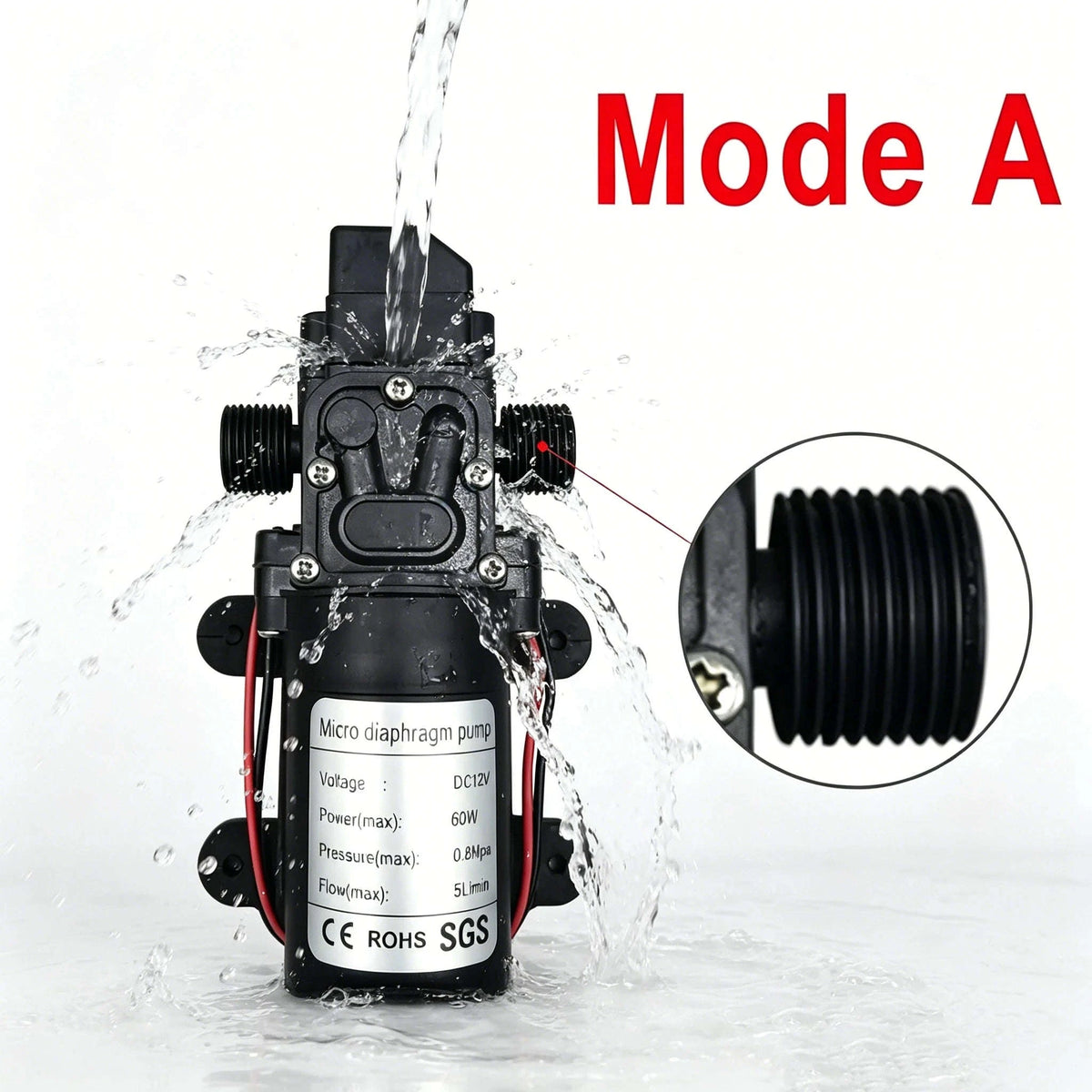Mini Electric Diaphragm Pump 120 PSI 60W 5L/Min DC 12V Self-Priming-Mode A / DC12V