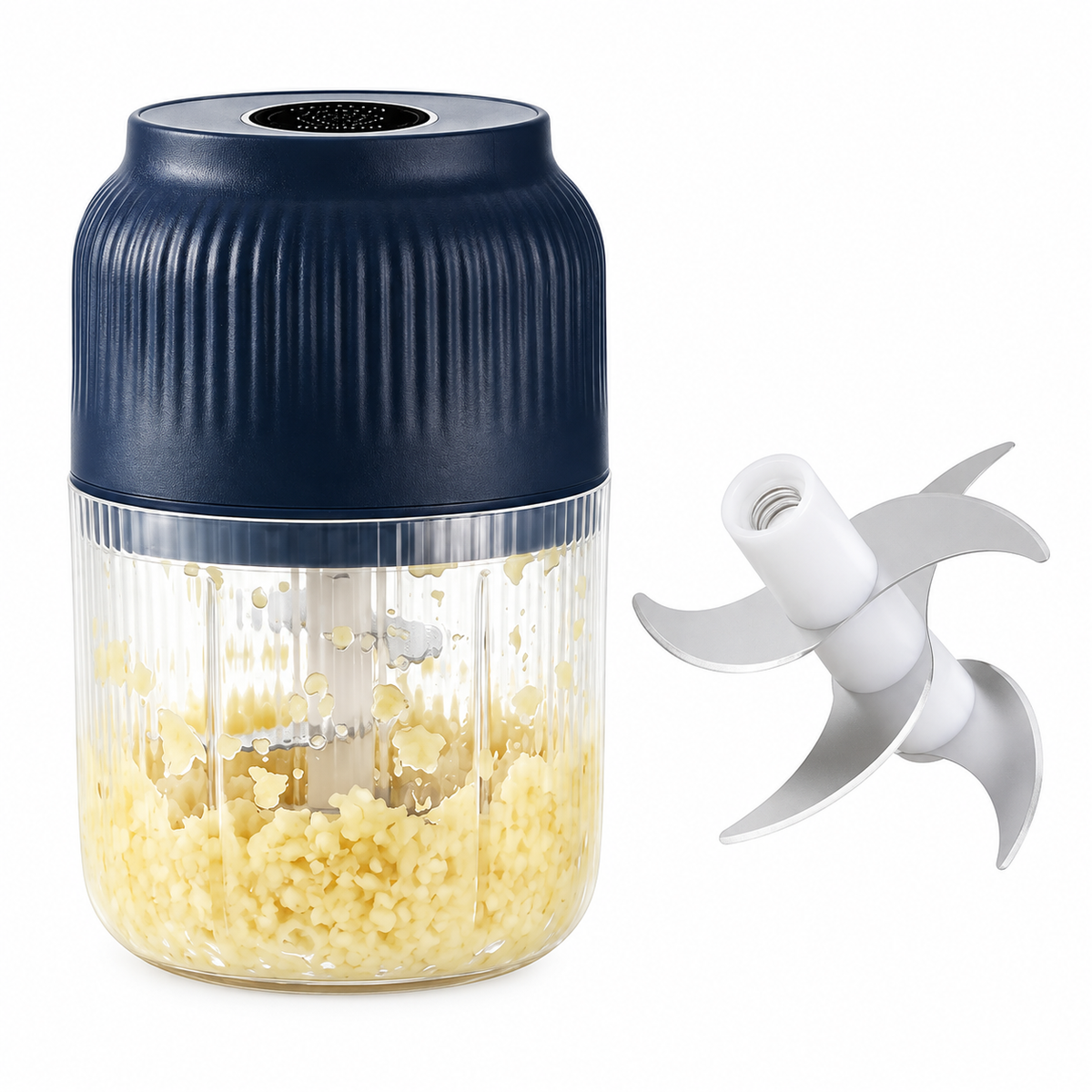 Navy cordless mini food chopper with six-blade assembly on white