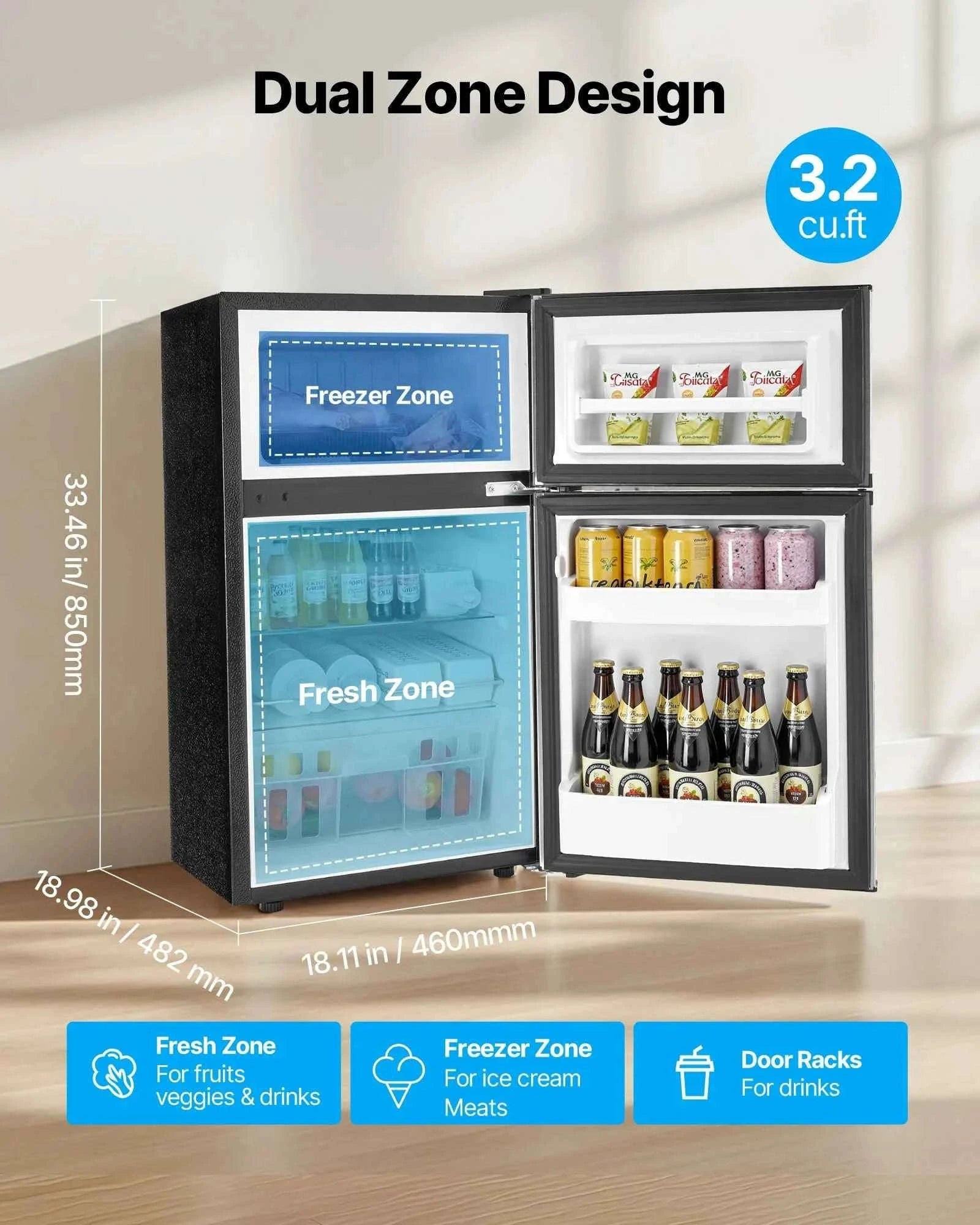 Mini Fridge with Freezer 3.2 Cu.Ft Two Door Compact Refrigerator-90L Type B Red / United States