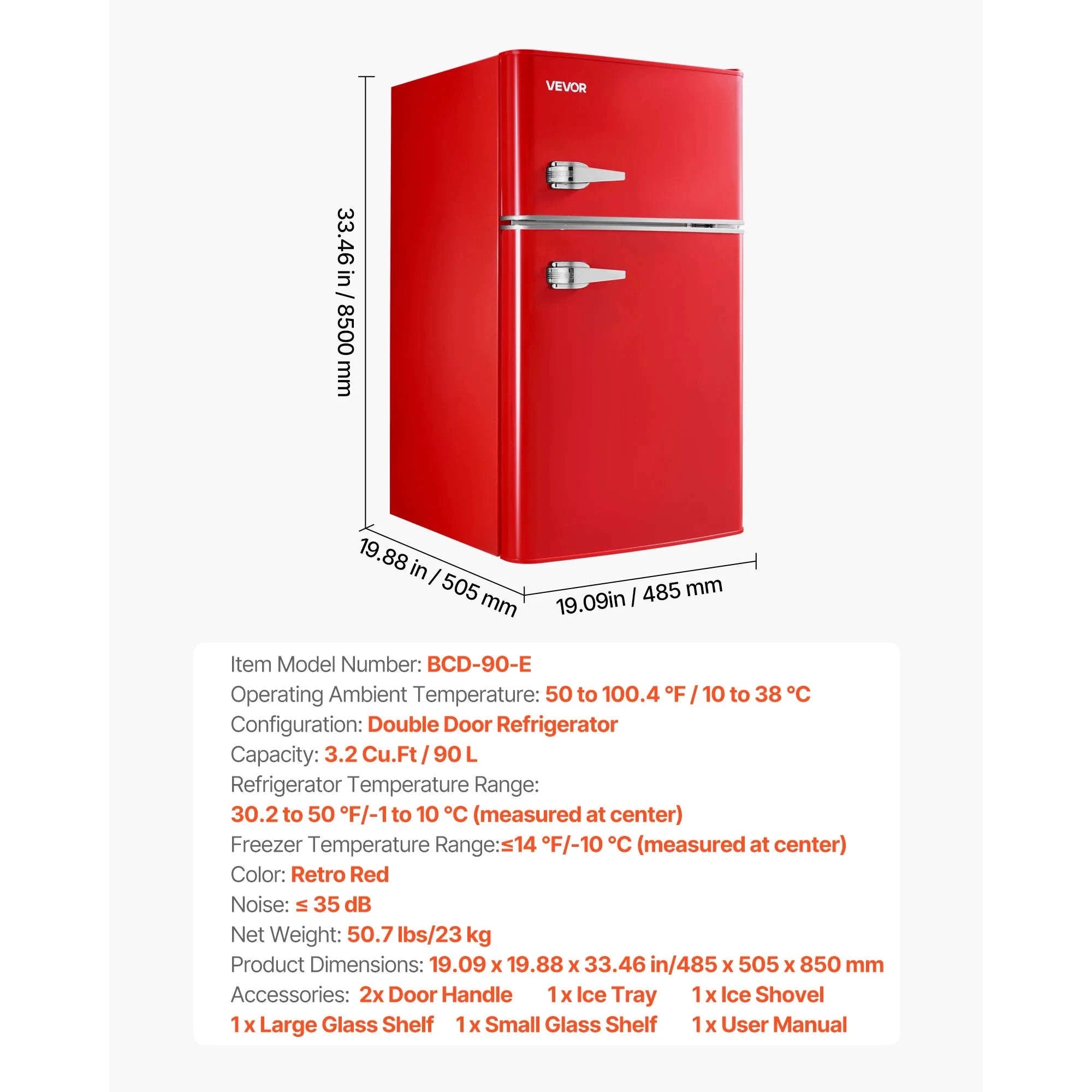 Mini Fridge with Freezer 3.2 Cu.Ft Two Door Compact Refrigerator-90L Type B Red / United States